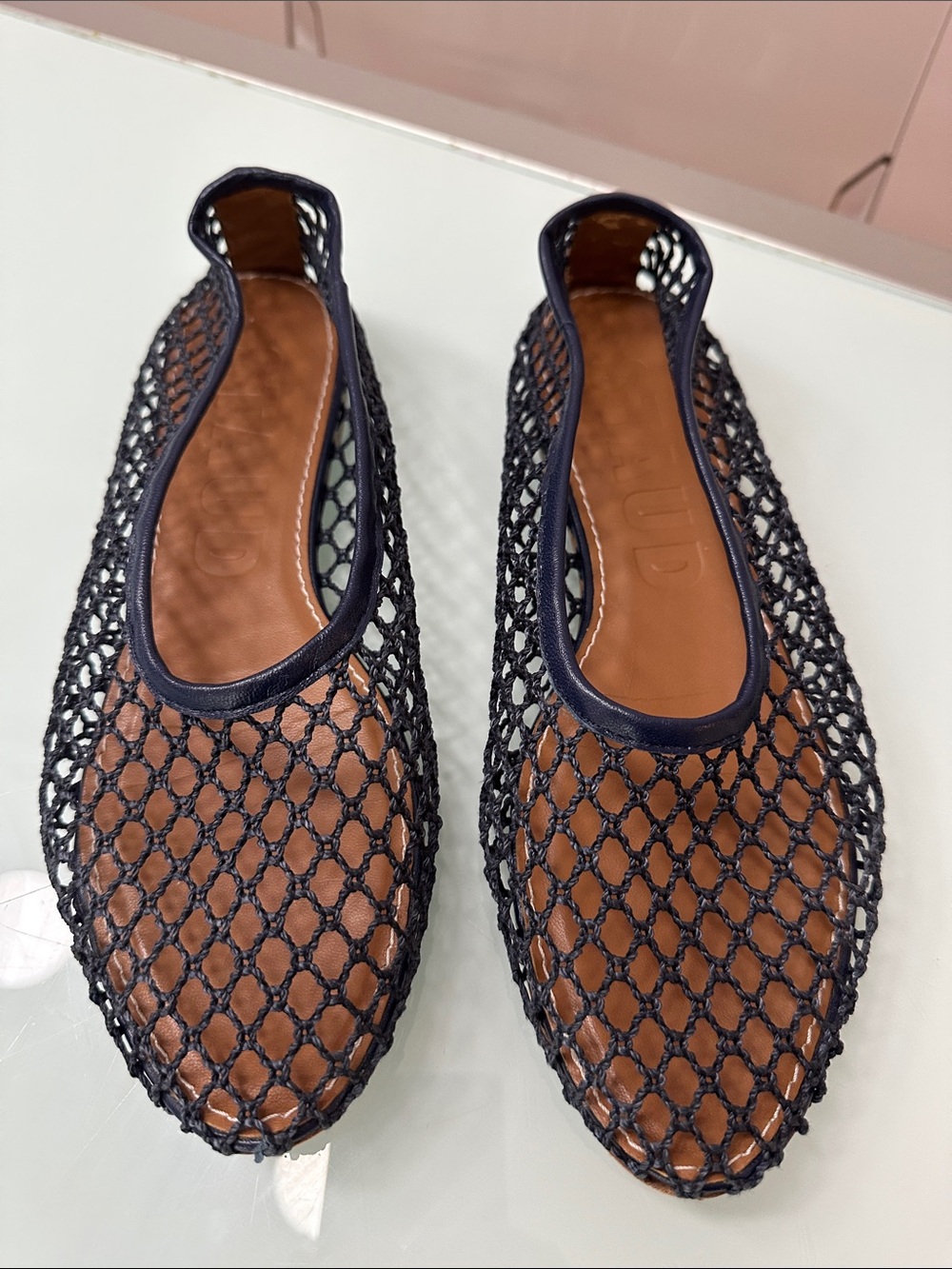 STAUD Alba Ballet Flat Navy Netting